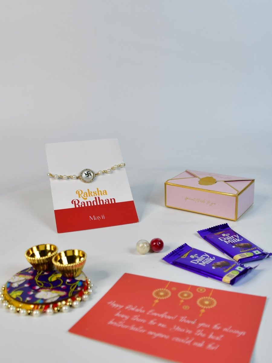 Sowpeace Exquisite Swastik Rakhi Pack of 1 with Roli Chawal Thali, Chocolates, and Greeting card combo for Raksha Bandhan and Gifting