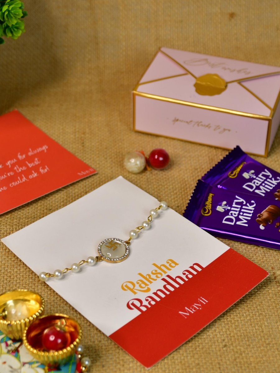 Sowpeace Exquisite Swastik Rakhi Pack of 1 with Roli Chawal Thali, Chocolates, and Greeting card combo for Raksha Bandhan and Gifting