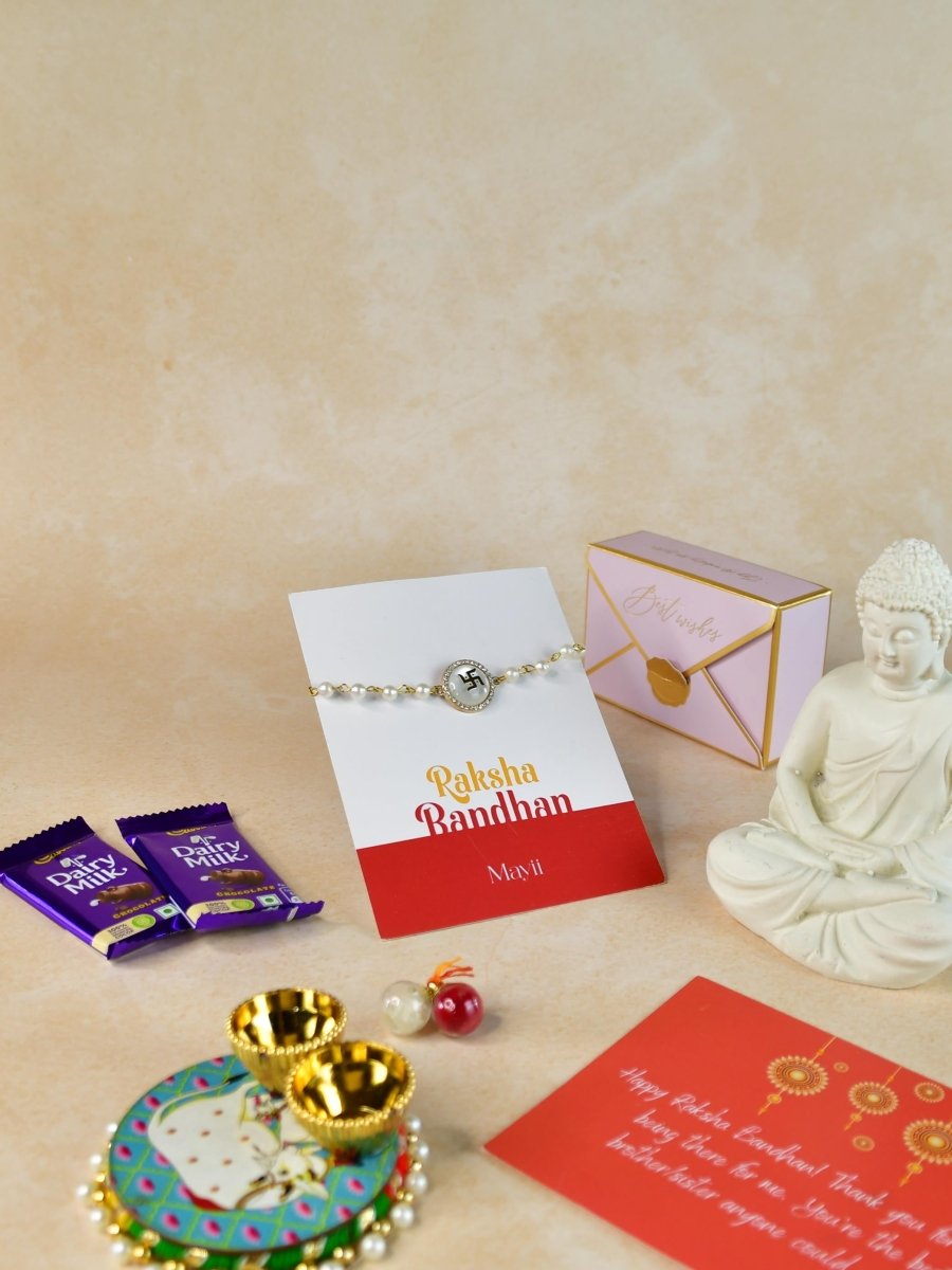 Sowpeace Exquisite Swastik Rakhi Pack of 1 with Roli Chawal Thali, Chocolates, Buddha and Greeting card combo for Raksha Bandhan and Gifting - Rakhi - Sowpeace - Default Title - RAK - STK - HND - P4 - Sowpeace