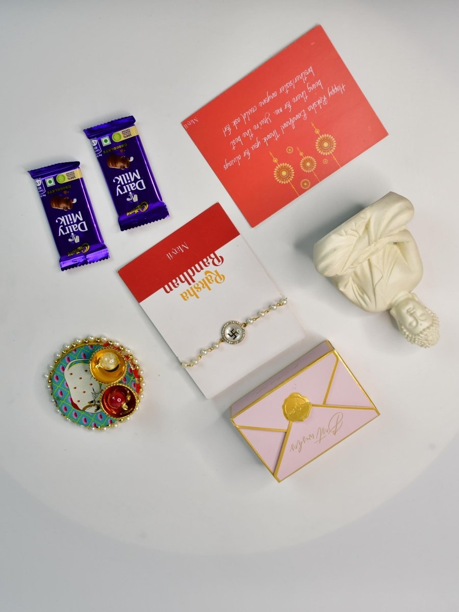 Sowpeace Exquisite Swastik Rakhi Pack of 1 with Roli Chawal Thali, Chocolates, Buddha and Greeting card combo for Raksha Bandhan and Gifting