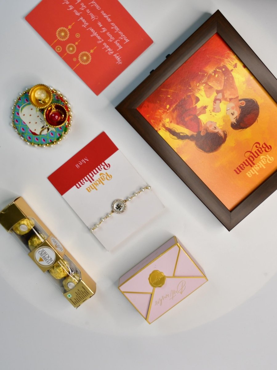 Sowpeace Exquisite Swastik Rakhi Pack of 1 with Roli Chawal Thali, Chocolates, Photo Frame and Greeting card combo for Raksha Bandhan and Gifting