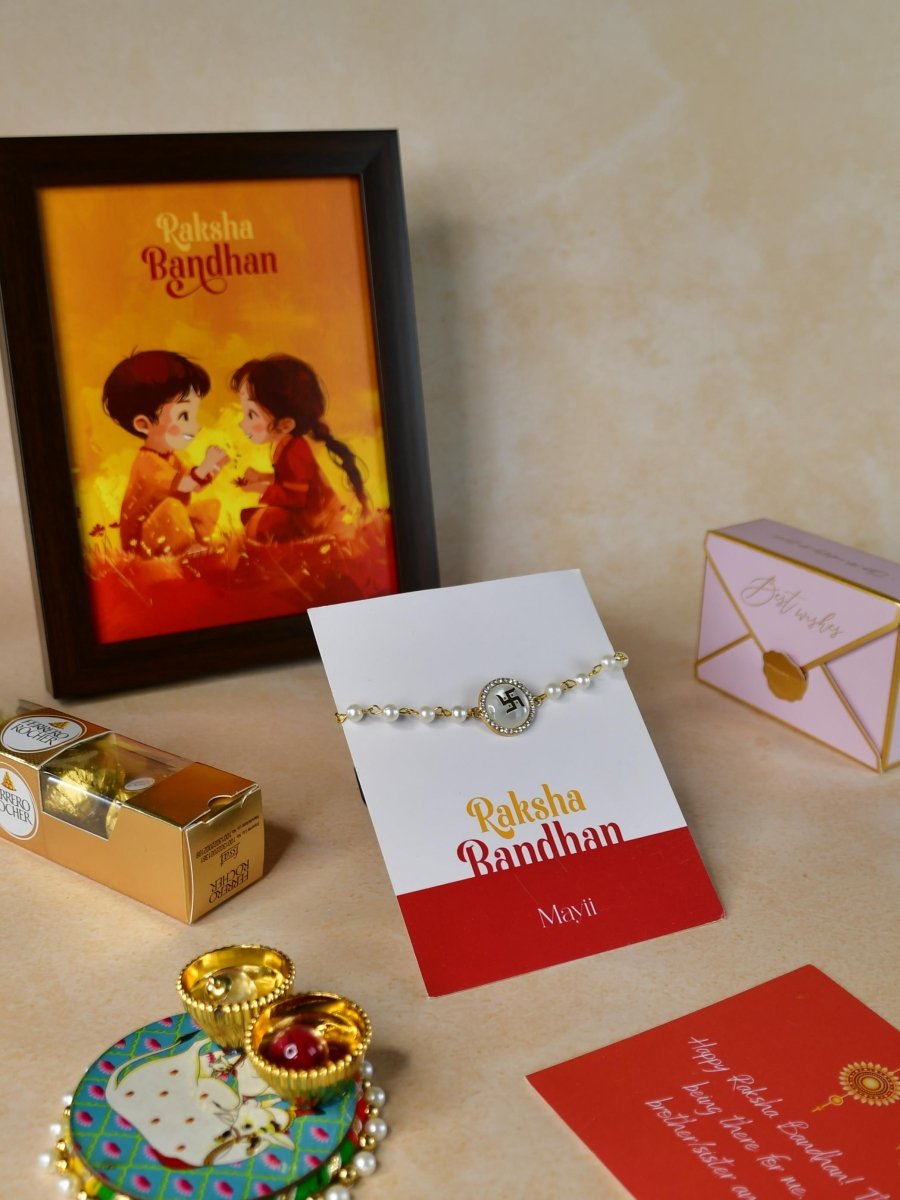 Sowpeace Exquisite Swastik Rakhi Pack of 1 with Roli Chawal Thali, Chocolates, Photo Frame and Greeting card combo for Raksha Bandhan and Gifting