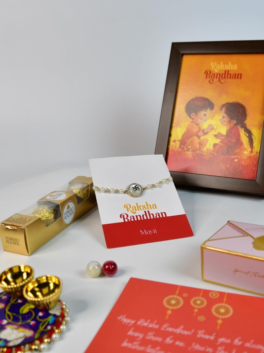 Sowpeace Exquisite Swastik Rakhi Pack of 1 with Roli Chawal Thali, Chocolates, Photo Frame and Greeting card combo for Raksha Bandhan and Gifting - Rakhi - Sowpeace - Default Title - RAK - STK - HND - P6 - Sowpeace