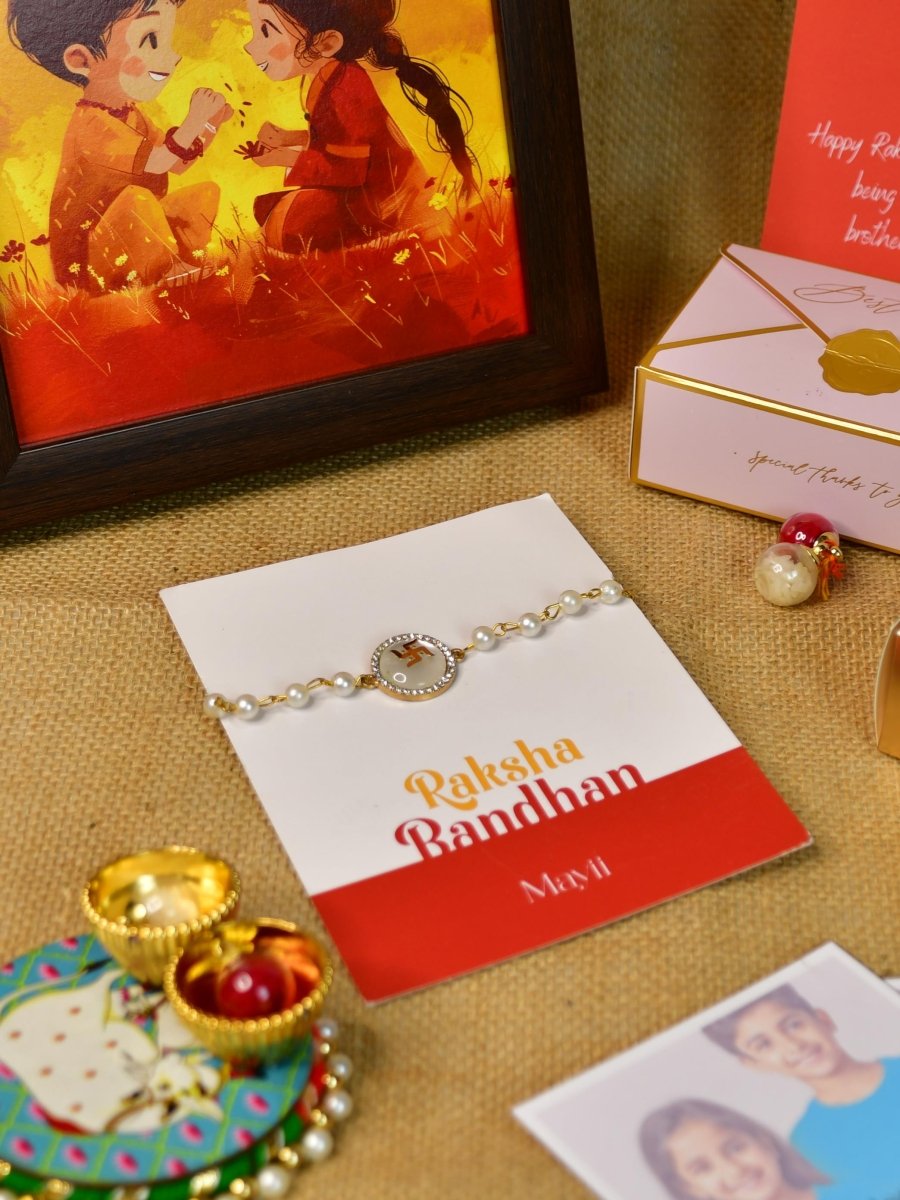 Sowpeace Exquisite Swastik Rakhi Pack of 1 with Roli Chawal Thali, Chocolates, Photo Frame, Poloroids and Greeting card combo for Raksha Bandhan and Gifting