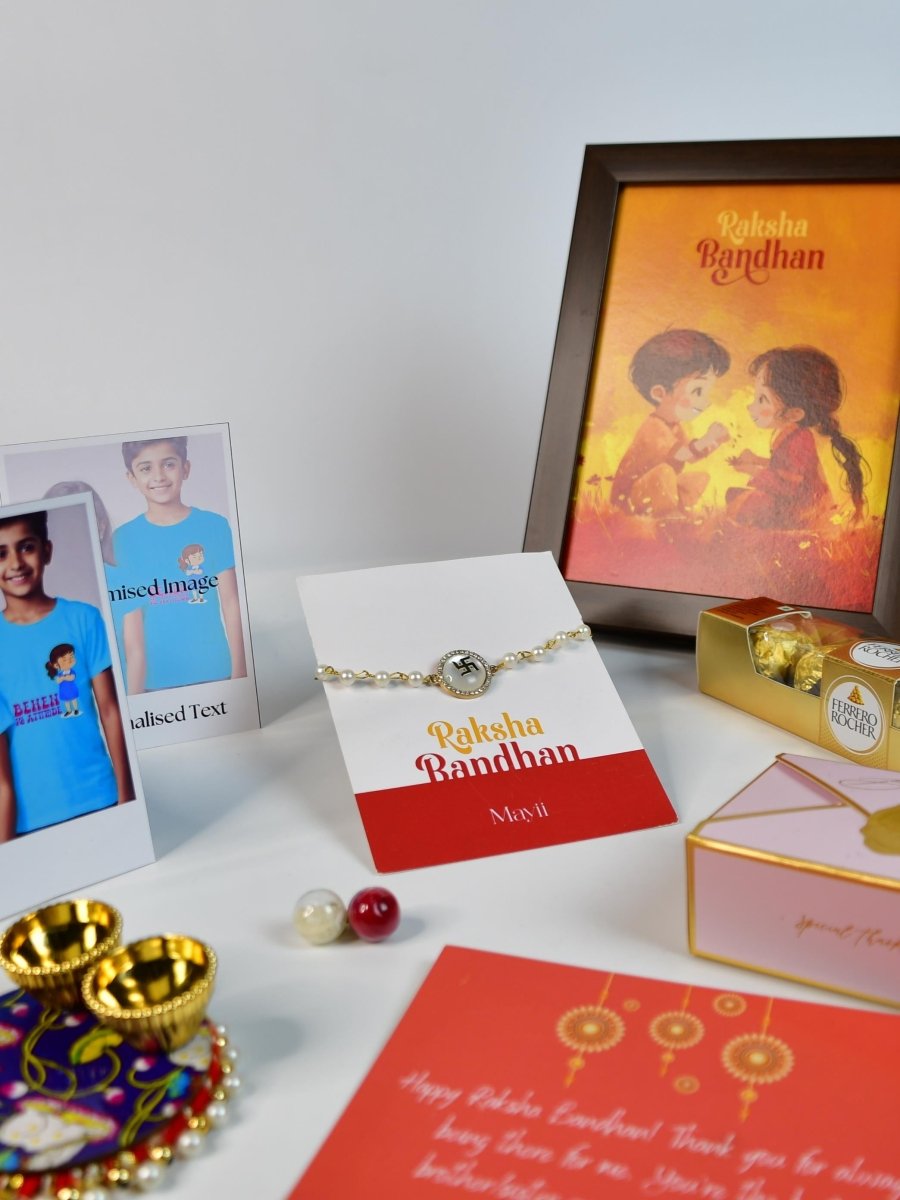 Sowpeace Exquisite Swastik Rakhi Pack of 1 with Roli Chawal Thali, Chocolates, Photo Frame, Poloroids and Greeting card combo for Raksha Bandhan and Gifting - Rakhi - Sowpeace - Default Title - RAK - STK - HND - P7 - Sowpeace