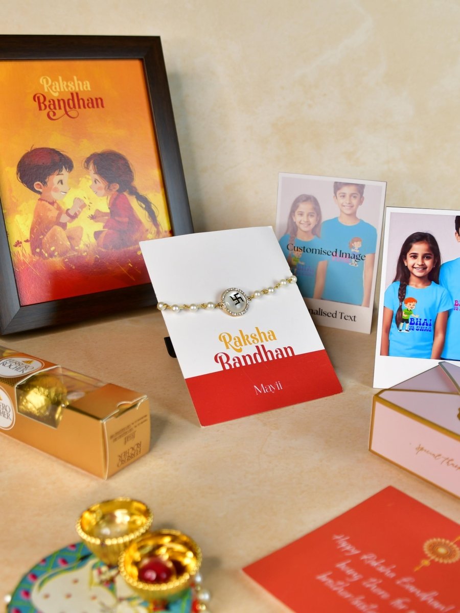 Sowpeace Exquisite Swastik Rakhi Pack of 1 with Roli Chawal Thali, Chocolates, Photo Frame, Poloroids and Greeting card combo for Raksha Bandhan and Gifting