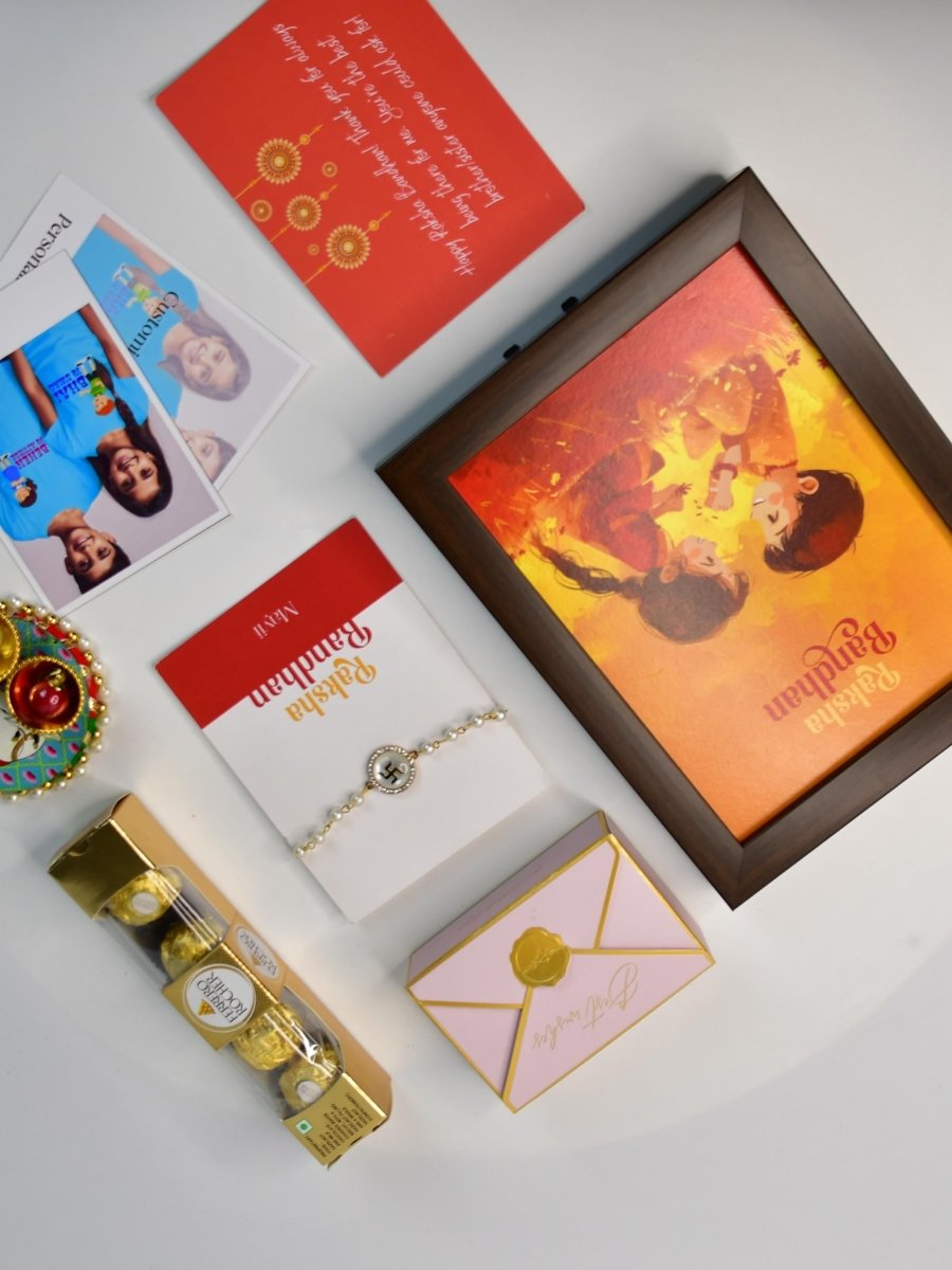 Sowpeace Exquisite Swastik Rakhi Pack of 1 with Roli Chawal Thali, Chocolates, Photo Frame, Poloroids and Greeting card combo for Raksha Bandhan and Gifting - Rakhi - Sowpeace - Default Title - RAK - STK - HND - P7 - Sowpeace