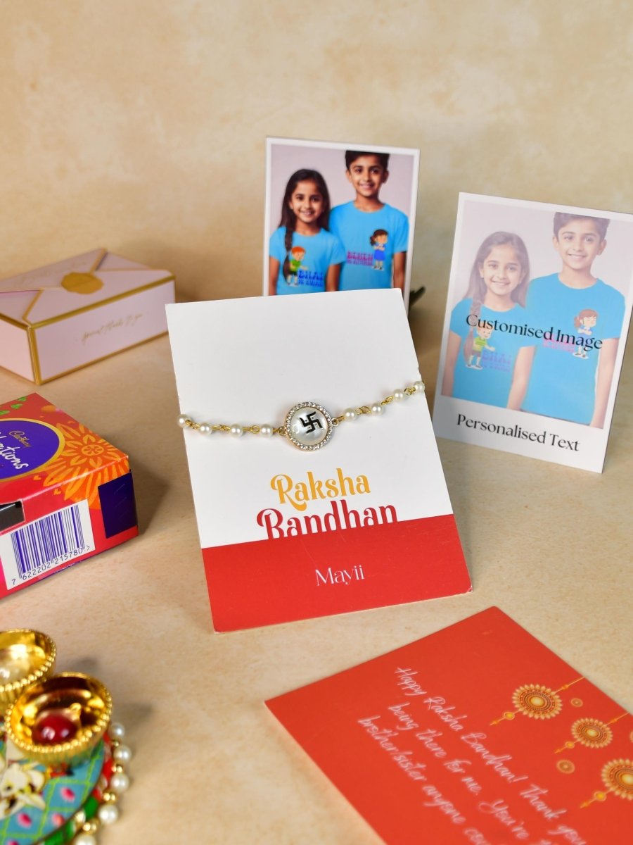 Sowpeace Exquisite Swastik Rakhi Pack of 1 with Roli Chawal Thali, Chocolates, Poloroids and Greeting card combo for Raksha Bandhan and Gifting