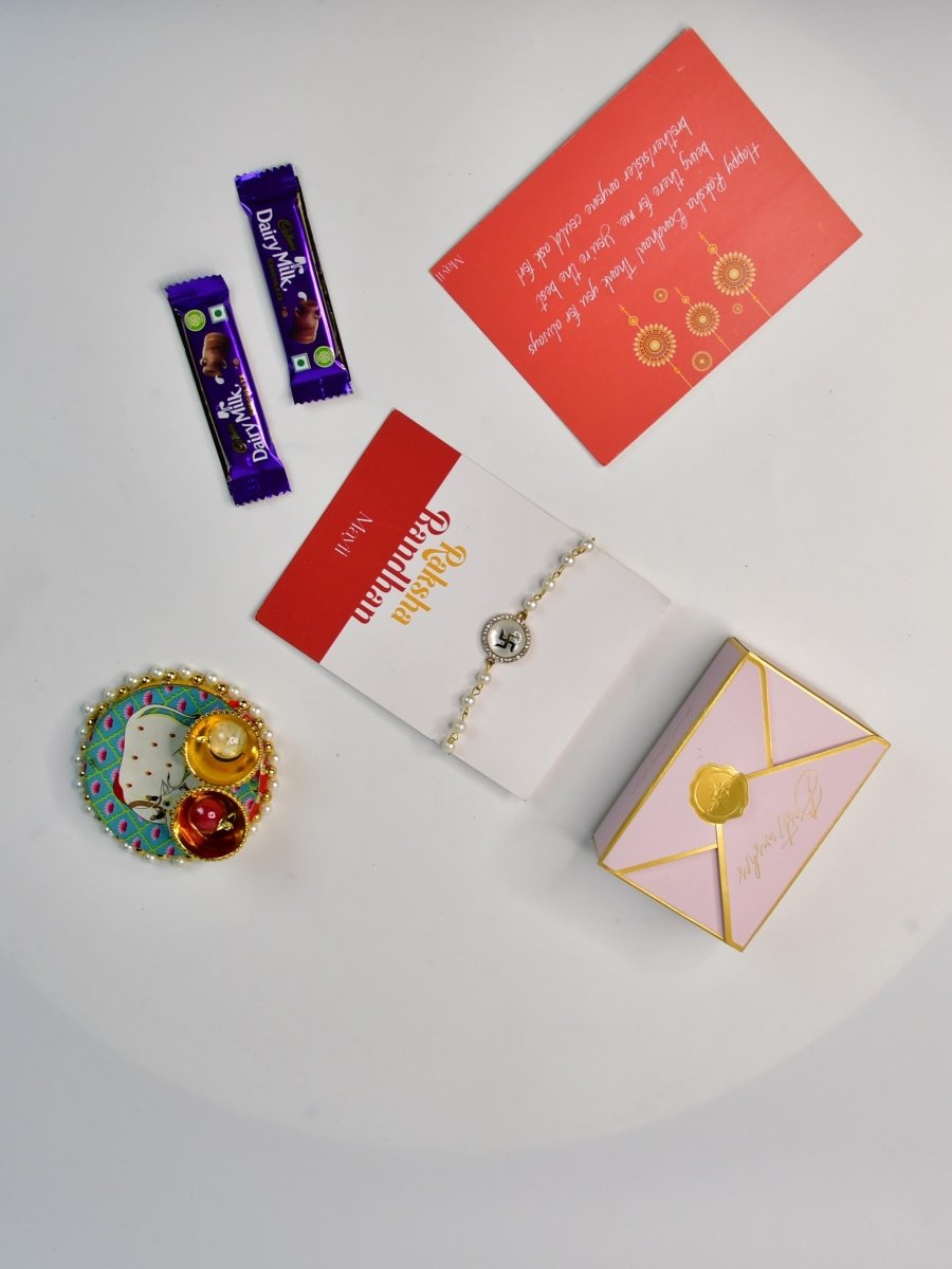 Sowpeace Exquisite Swastik Rakhi Pack of 1 with Roli Chawal Thali, two Chocolates, and Greeting card combo for Raksha Bandhan and Gifting - Rakhi - Sowpeace - Default Title - RAK - STK - HND - P2 - Sowpeace