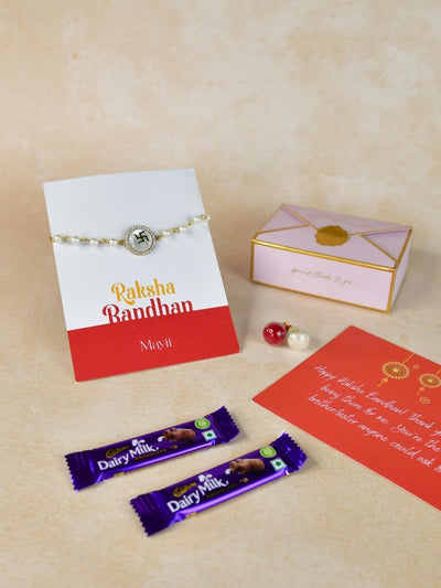 Sowpeace Exquisite Swastik Rakhi Pack of 1 with Roli Chawal Thali, two Chocolates, and Greeting card combo for Raksha Bandhan and Gifting