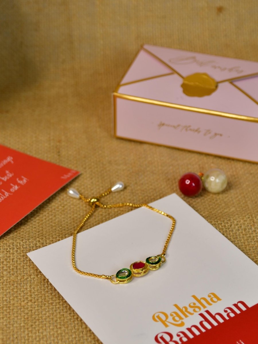 Sowpeace Exquisite Tri Red Green Rakhi Pack of 1 with Roli Chawal and Greeting card combo for Raksha Bandhan and Gifting