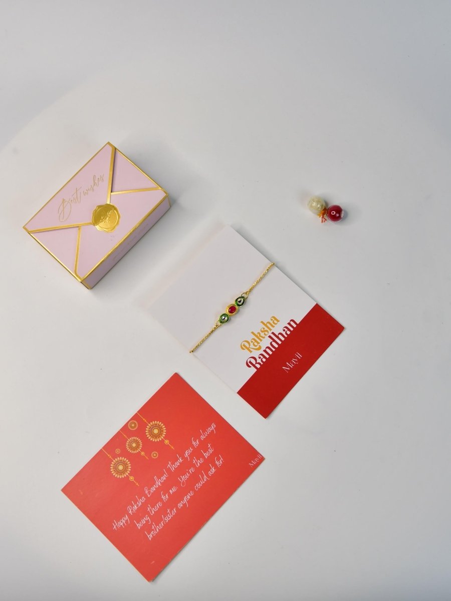 Sowpeace Exquisite Tri Red Green Rakhi Pack of 1 with Roli Chawal and Greeting card combo for Raksha Bandhan and Gifting - Rakhi - Sowpeace - Sowpeace Exquisite Tri Red Green Rakhi Pack of 1 with Roli Chawal and Greeting card combo for Raksha Bandhan and Gifting - RAK - TRIGR - HND - P1 - Sowpeace