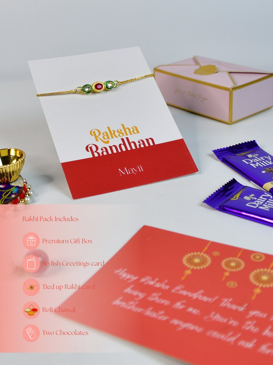 Sowpeace Exquisite Tri Red Green Rakhi Pack of 1 with Roli Chawal Thali, Chocolates, and Greeting card combo for Raksha Bandhan and Gifting