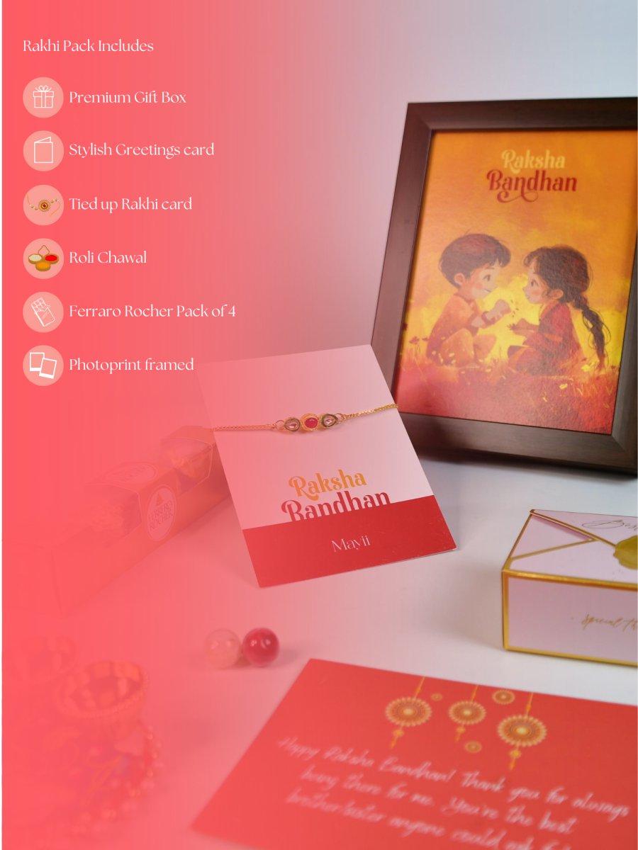 Sowpeace Exquisite Tri Red Green Rakhi Pack of 1 with Roli Chawal Thali, Chocolates, Photo Frame and Greeting card combo for Raksha Bandhan and Gifting