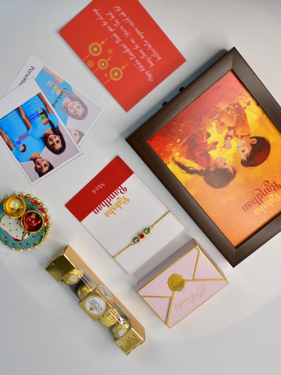 Sowpeace Exquisite Tri Red Green Rakhi Pack of 1 with Roli Chawal Thali, Chocolates, Photo Frame, Poloroids and Greeting card combo for Raksha Bandhan and Gifting - Rakhi - Sowpeace - Sowpeace Exquisite Tri Red Green Rakhi Pack of 1 with Roli Chawal Thali, Chocolates, Photo Frame, Poloroids and Greeting card combo for Raksha Bandhan and Gifting - RAK - TRIGR - HND - P7 - Sowpeace