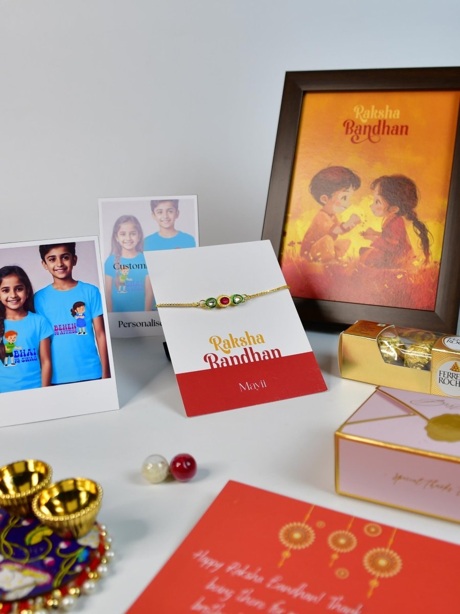 Sowpeace Exquisite Tri Red Green Rakhi Pack of 1 with Roli Chawal Thali, Chocolates, Photo Frame, Poloroids and Greeting card combo for Raksha Bandhan and Gifting