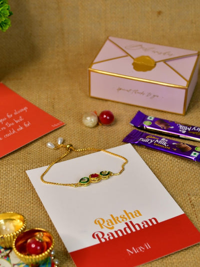 Sowpeace Exquisite Tri Red Green Rakhi Pack of 1 with Roli Chawal Thali, two Chocolates, and Greeting card combo for Raksha Bandhan and Gifting