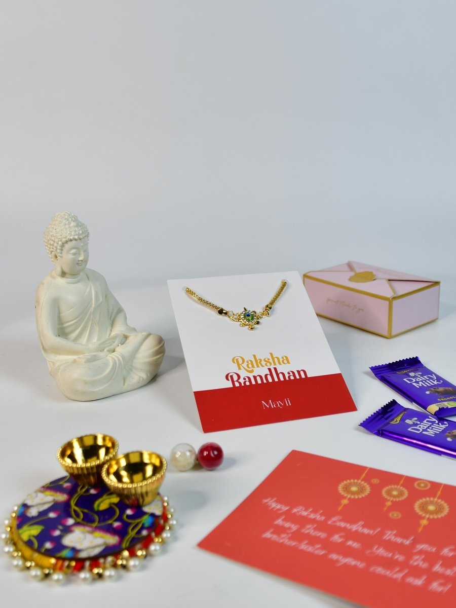 Sowpeace Exquisite Turtle Rakhi Pack of 1 with Roli Chawal Thali, Chocolates, Buddha and Greeting card combo for Raksha Bandhan and Gifting - Rakhi - Sowpeace - Default Title - RAK - TURT - HND - P4 - Sowpeace