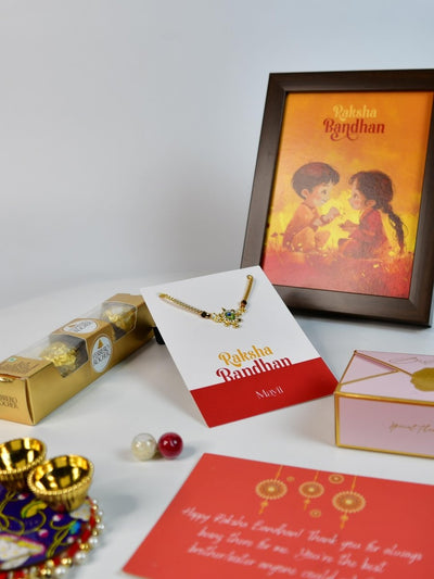 Sowpeace Exquisite Turtle Rakhi Pack of 1 with Roli Chawal Thali, Chocolates, Photo Frame and Greeting card combo for Raksha Bandhan and Gifting