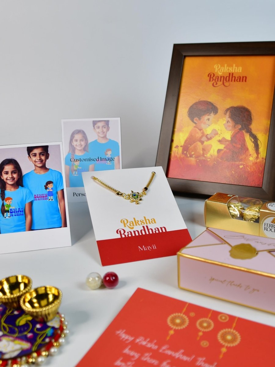 Sowpeace Exquisite Turtle Rakhi Pack of 1 with Roli Chawal Thali, Chocolates, Photo Frame, Poloroids and Greeting card combo for Raksha Bandhan and Gifting - Rakhi - Sowpeace - Default Title - RAK - TURT - HND - P7 - Sowpeace