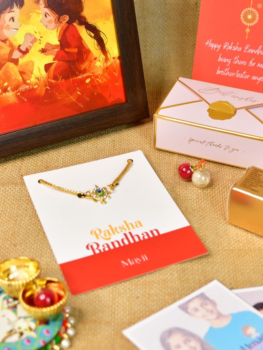 Sowpeace Exquisite Turtle Rakhi Pack of 1 with Roli Chawal Thali, Chocolates, Photo Frame, Poloroids and Greeting card combo for Raksha Bandhan and Gifting