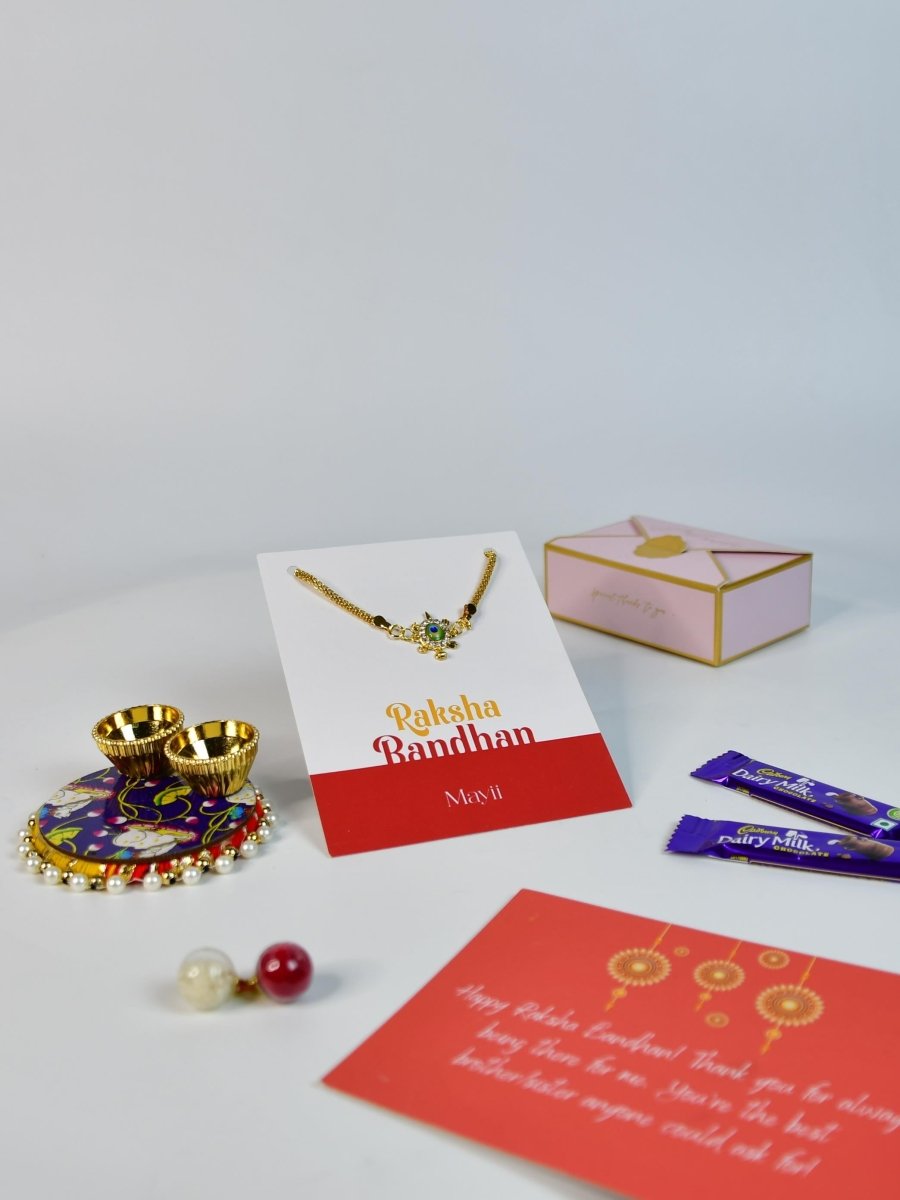 Sowpeace Exquisite Turtle Rakhi Pack of 1 with Roli Chawal Thali, two Chocolates, and Greeting card combo for Raksha Bandhan and Gifting - Rakhi - Sowpeace - Default Title - RAK - TURT - HND - P2 - Sowpeace