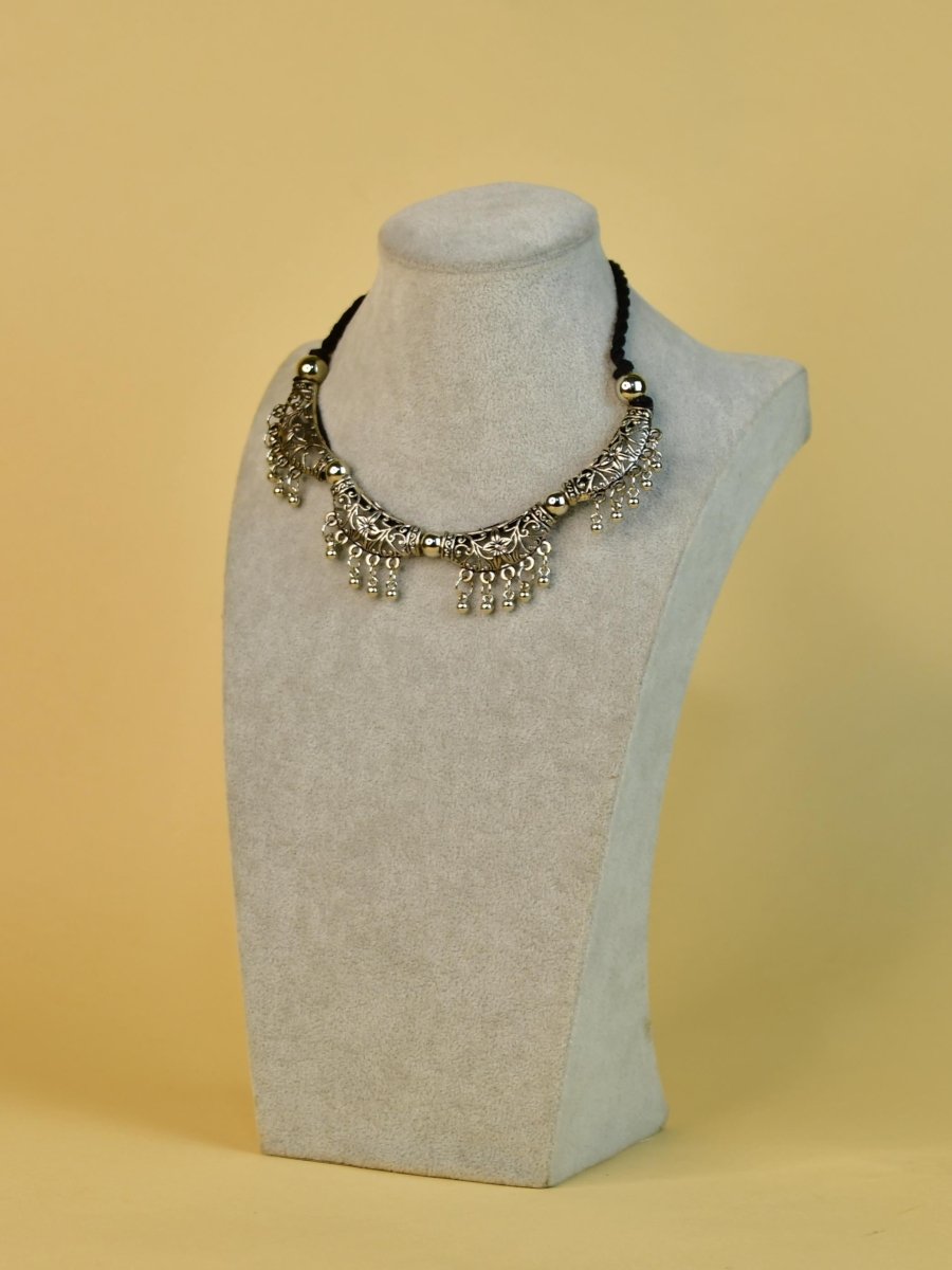 Sowpeace German Silver Choker: Floral Trapeziums & Water Drop Earrings