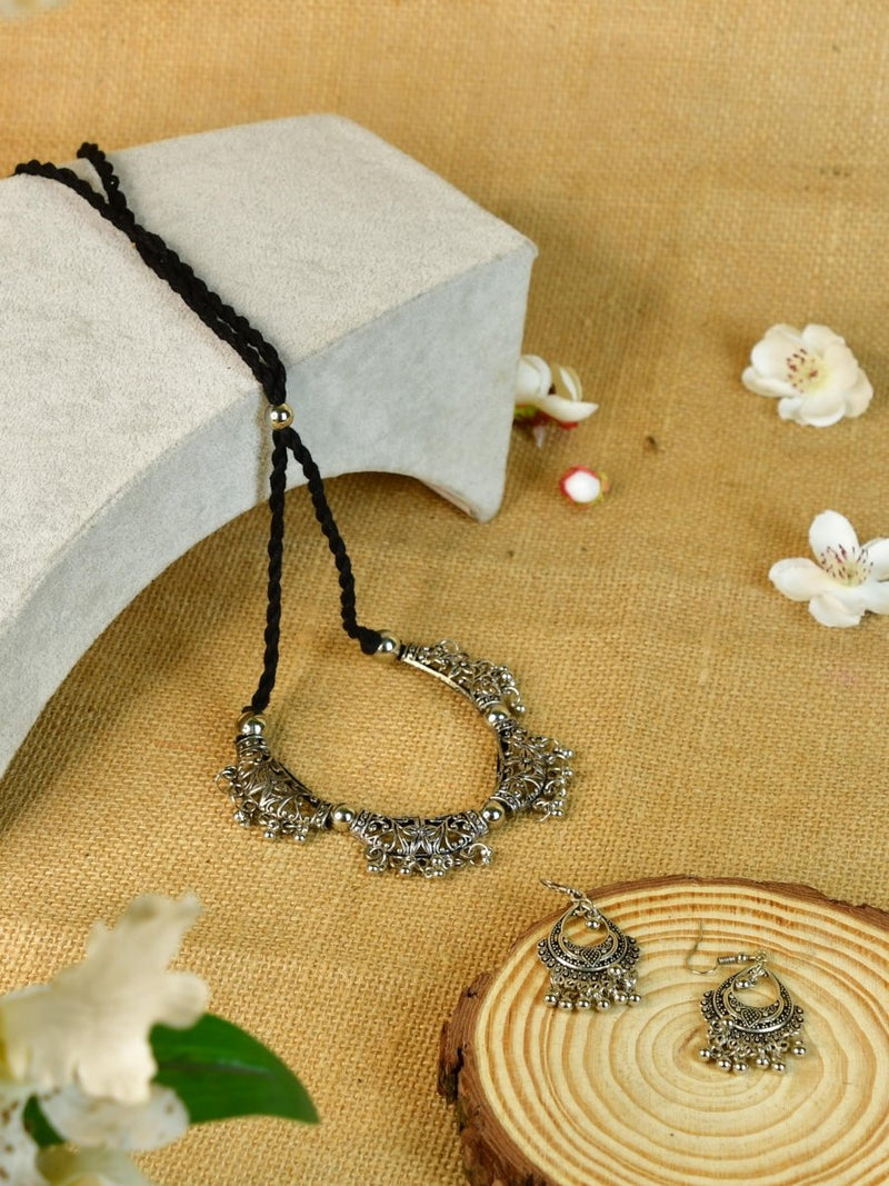 Sowpeace German Silver Choker: Floral Trapeziums & Water Drop Earrings – view 1