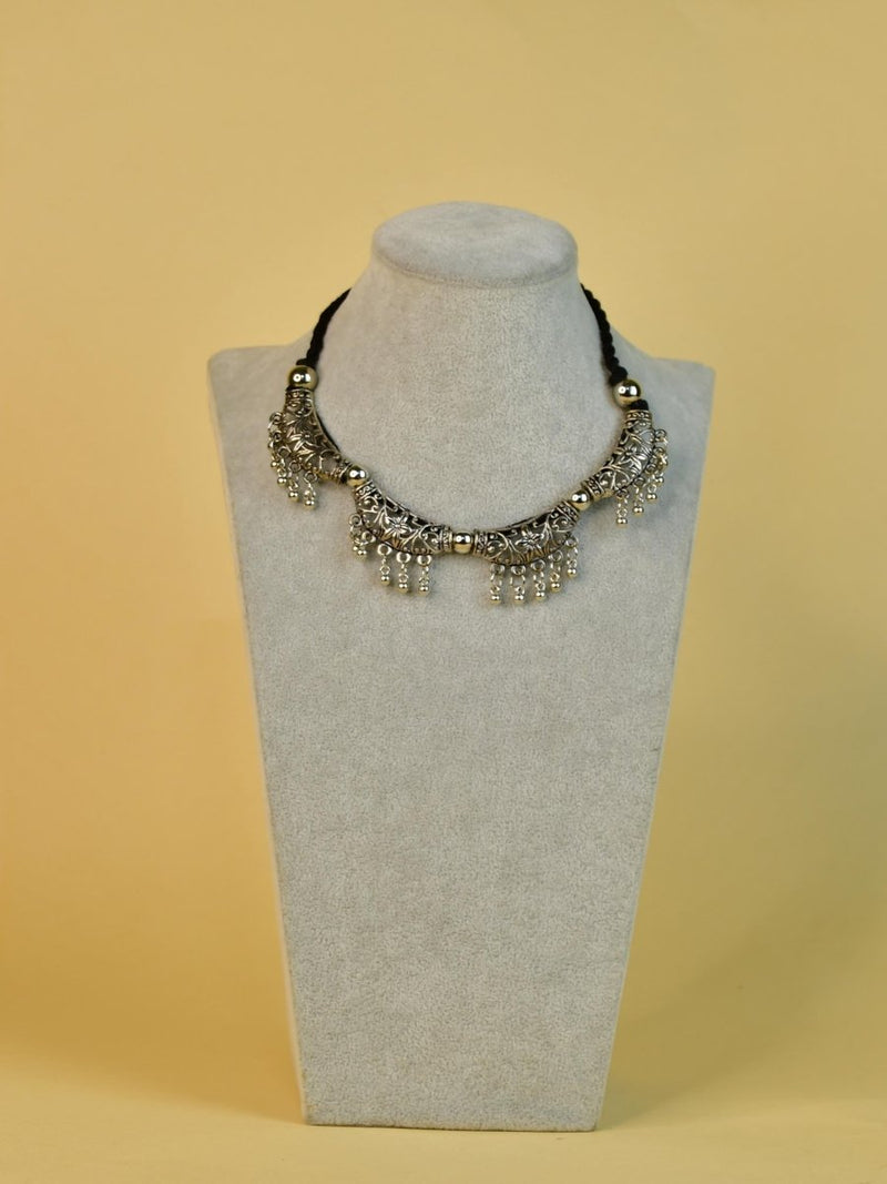 Sowpeace German Silver Choker: Floral Trapeziums & Water Drop Earrings – view 5