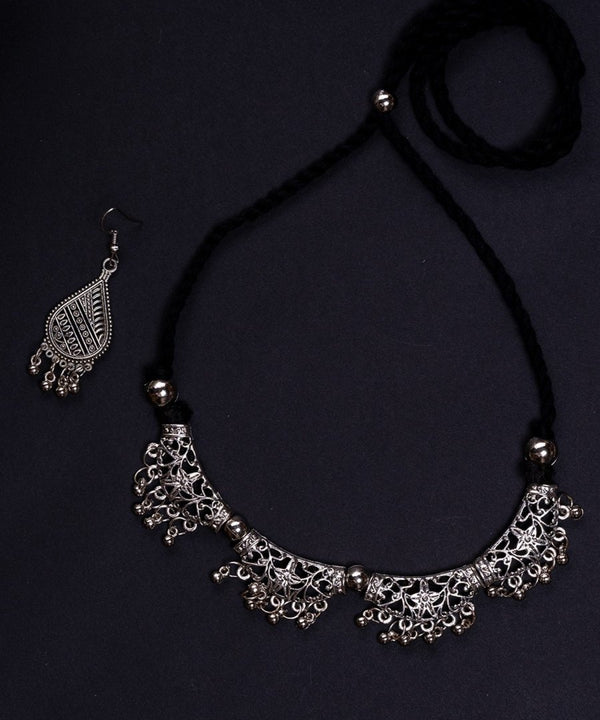 Sowpeace German Silver Choker: Floral Trapeziums & Water Drop Earrings — image 4