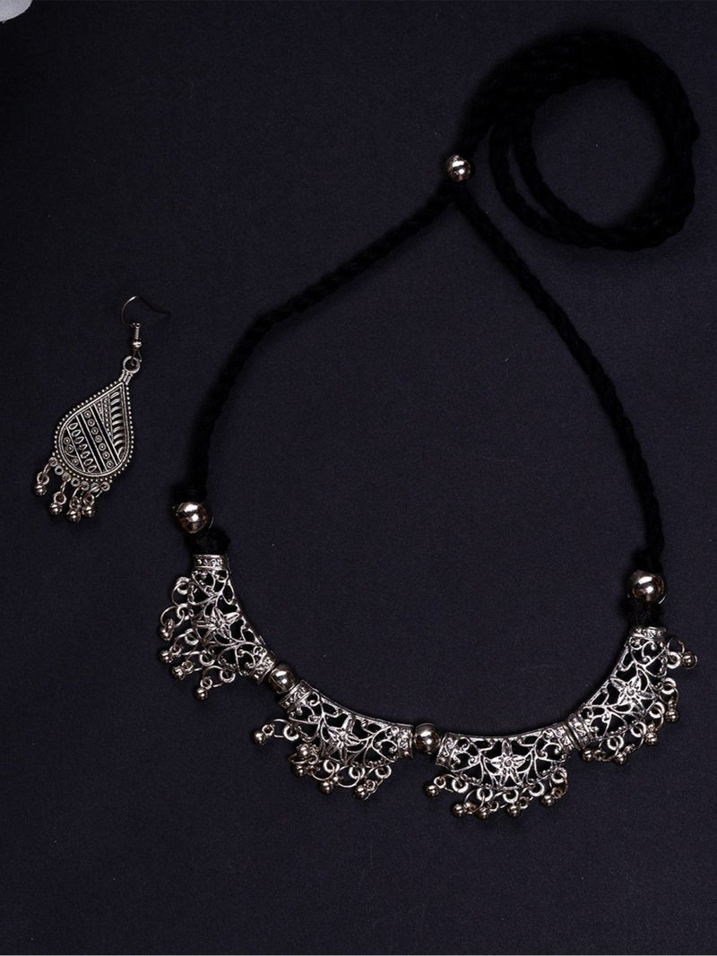 Sowpeace German Silver Choker: Floral Trapeziums & Water Drop Earrings – view 4