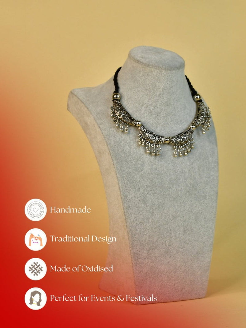 Sowpeace German Silver Choker: Floral Trapeziums & Water Drop Earrings – view 6