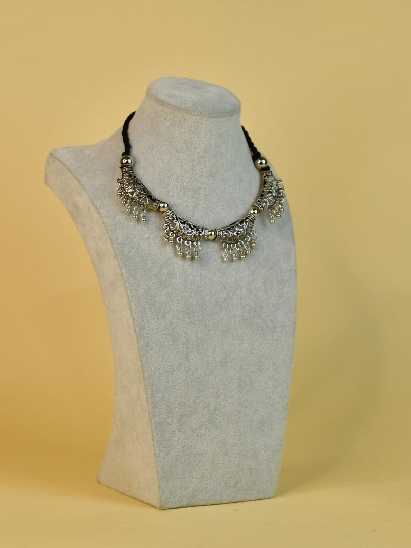 Sowpeace German Silver Choker: Floral Trapeziums & Water Drop Earrings – view 2