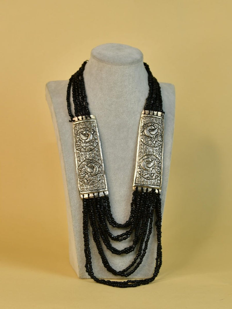 Sowpeace German Silver Necklace: Peacock Art on Metal with Black Beads – view 5