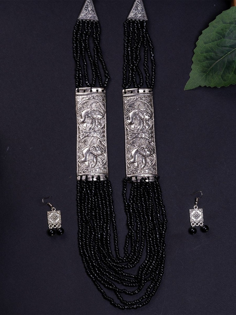 Sowpeace German Silver Necklace: Peacock Art on Metal with Black Beads – view 3