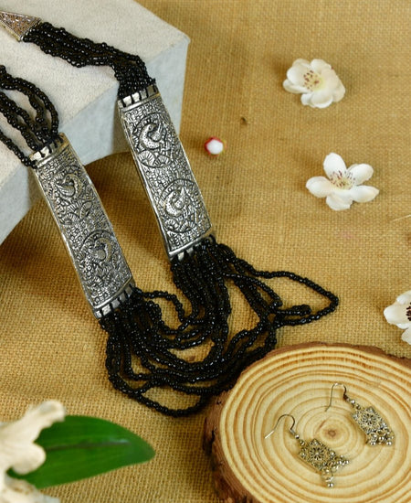 Sowpeace German Silver Necklace: Peacock Art on Metal with Black Beads