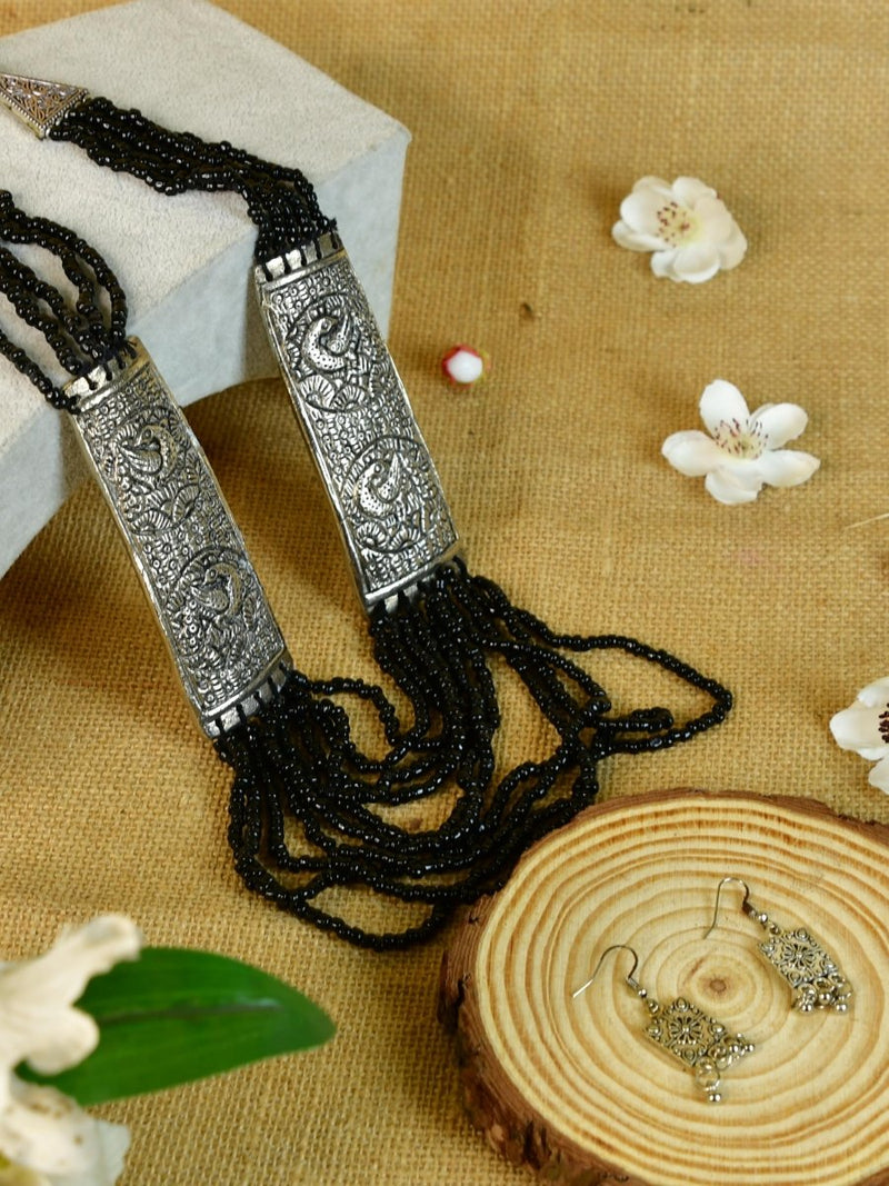 Sowpeace German Silver Necklace: Peacock Art on Metal with Black Beads – view 2