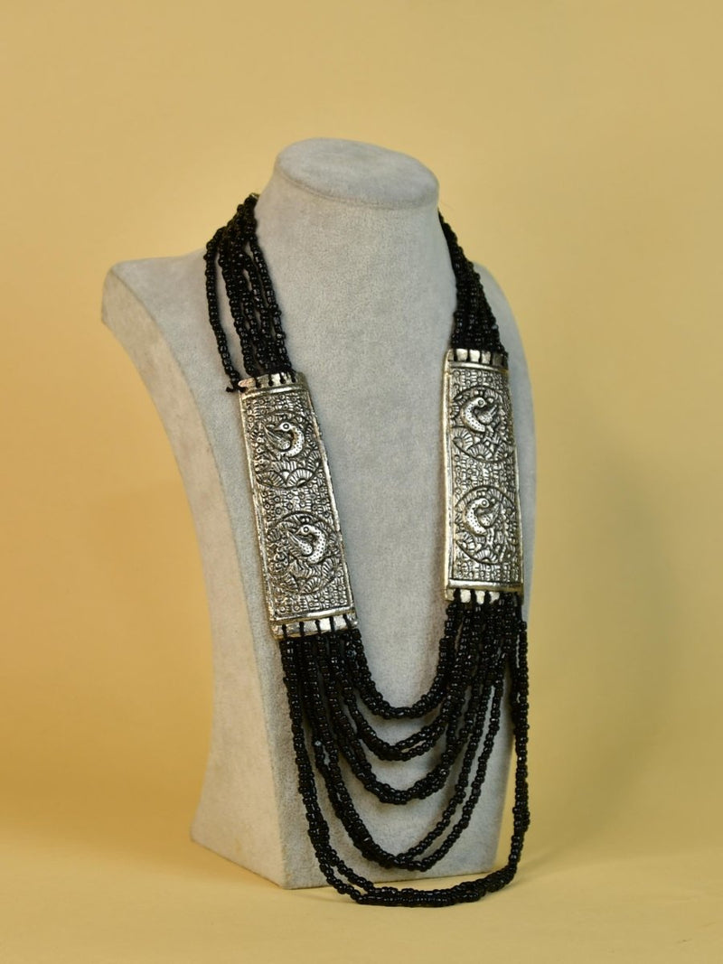 Sowpeace German Silver Necklace: Peacock Art on Metal with Black Beads – view 1