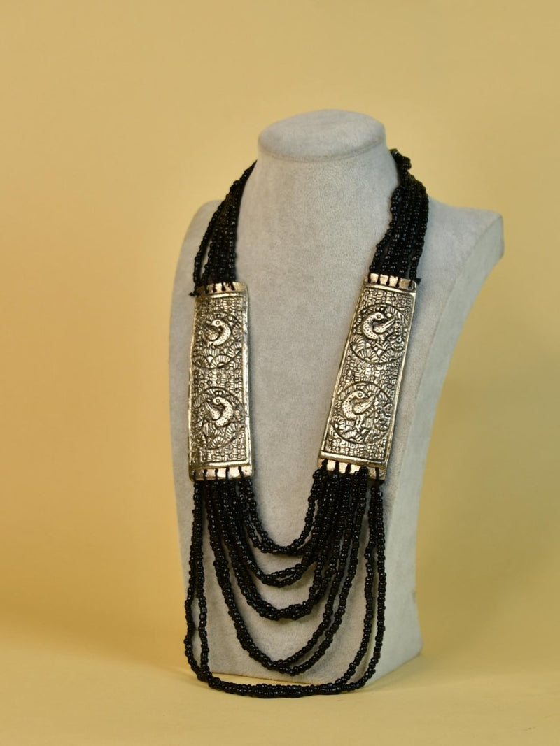 Sowpeace German Silver Necklace: Peacock Art on Metal with Black Beads – view 4