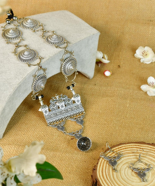 Sowpeace German Silver Necklace: Peacock & Floral Square Pendant