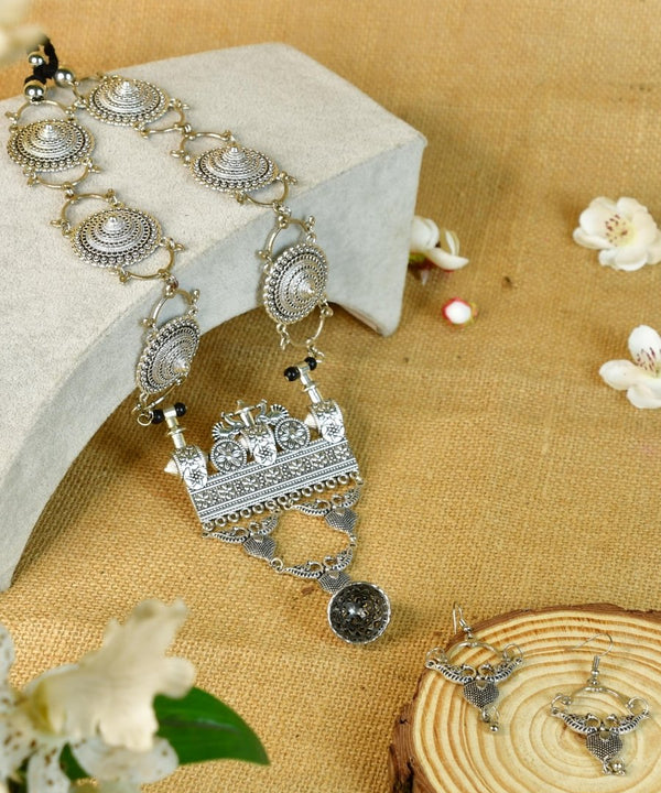 Sowpeace German Silver Necklace: Peacock & Floral Square Pendant — main view