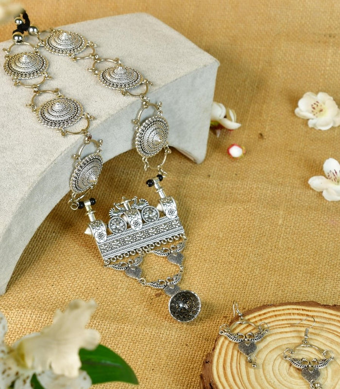 Sowpeace German Silver Necklace: Peacock & Floral Square Pendant