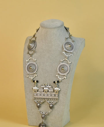 Sowpeace German Silver Necklace: Peacock & Floral Square Pendant — alternate view