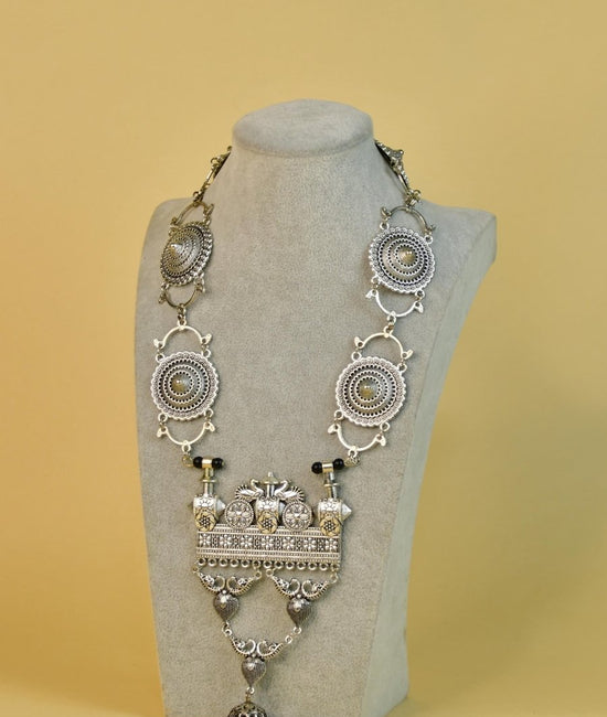 Sowpeace German Silver Necklace: Peacock & Floral Square Pendant