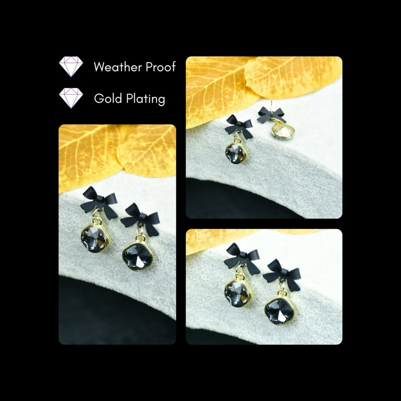 Sowpeace Gold Black Stainless Steel Crystal Ribbon Earrings | Elegant One‑Size Lightweight Jewelry for Women & Daily Wear – view 4