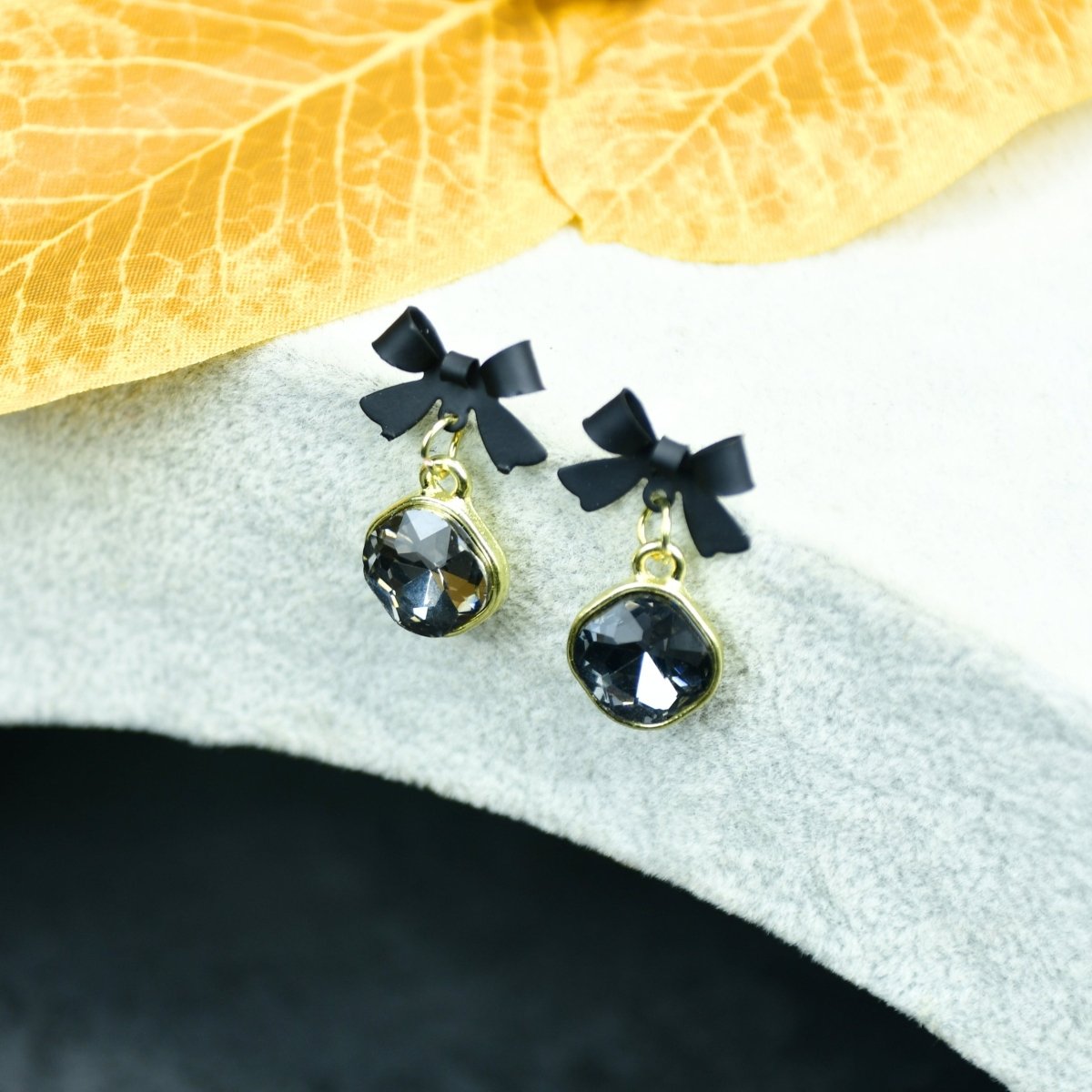 Sowpeace Gold Black Stainless Steel Crystal Ribbon Earrings | Elegant One‑Size Lightweight Jewelry for Women & Daily Wear - Sowpeace - 