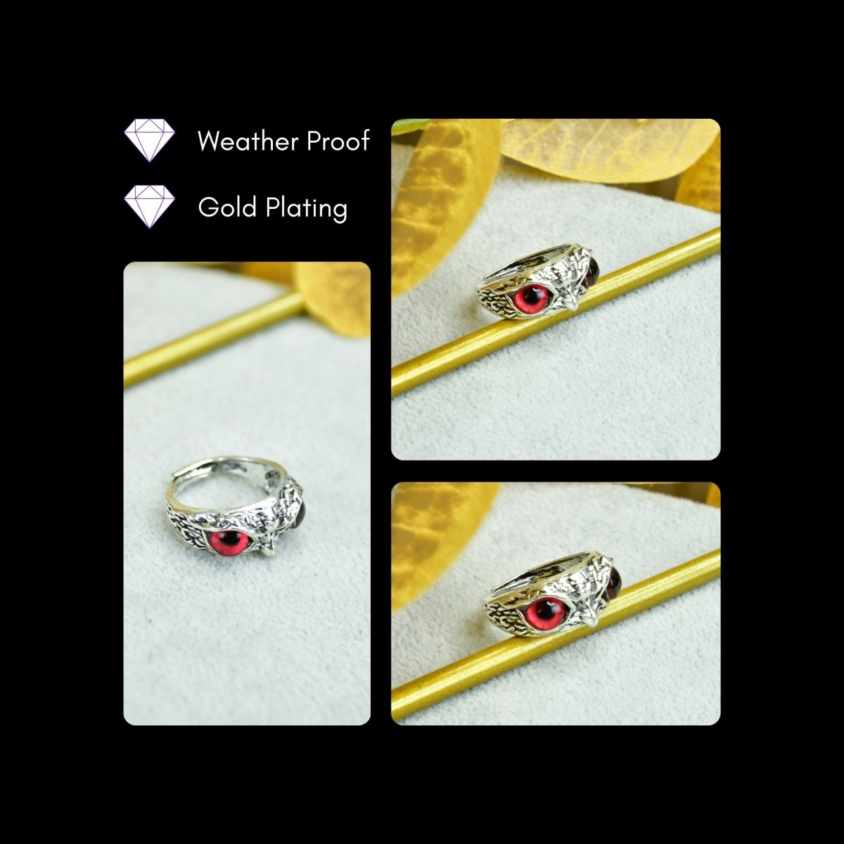 Sowpeace Gold Red Eyed Owl Ring Stainless Steel | Bold One‑Size Adjustable Statement Jewelry for Women & Men - Sowpeace - 