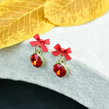 Sowpeace Gold Red Stainless Steel Crystal Ribbon Earrings | Elegant One‑Size Lightweight Jewelry for Women & Daily Wear - Sowpeace - 