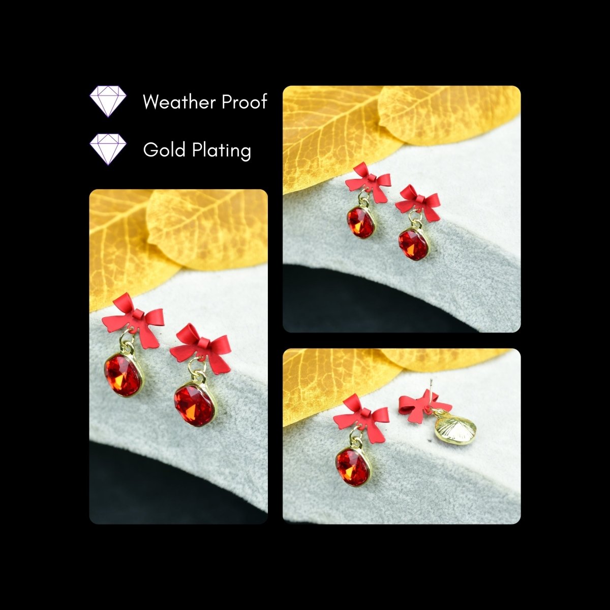 Sowpeace Gold Red Stainless Steel Crystal Ribbon Earrings | Elegant One‑Size Lightweight Jewelry for Women & Daily Wear - Sowpeace - 