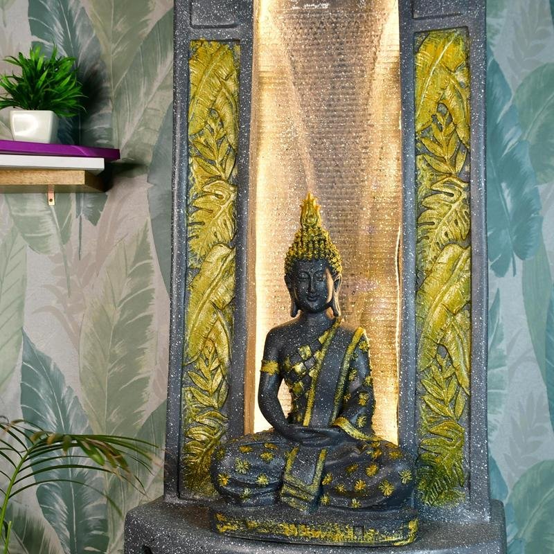 Sowpeace Golden Buddha Water Fountain – Elegant Buddha Sitting Against Tall Wall for Luxurious Home Decor & Gifts